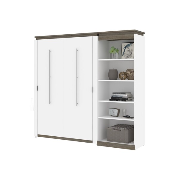 Bestar Orion Full Murphy Bed with Shelving Unit (89W), White & Walnut Grey - 116892-000017