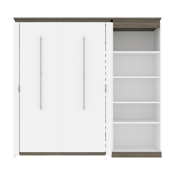 Bestar Orion Full Murphy Bed with Shelving Unit (89W), White & Walnut Grey - 116892-000017
