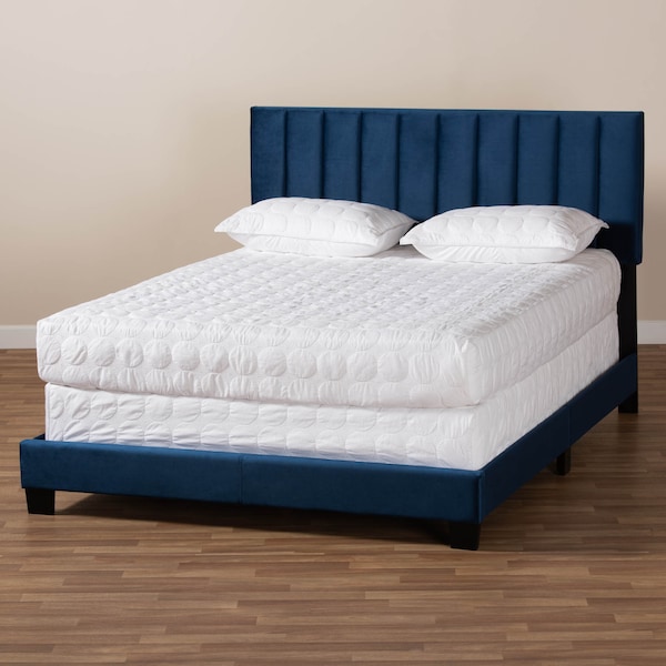 Baxton Studio Clare Navy Blue Velvet Queen Size Panel Bed with Tufted Headboard - 163-10499