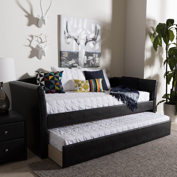 Baxton Studio Camino Black Faux Leather Upholstered Daybed with Guest Trundle Bed - 131-7306
