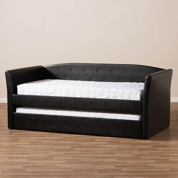 Baxton Studio Camino Black Faux Leather Upholstered Daybed with Guest Trundle Bed - 131-7306