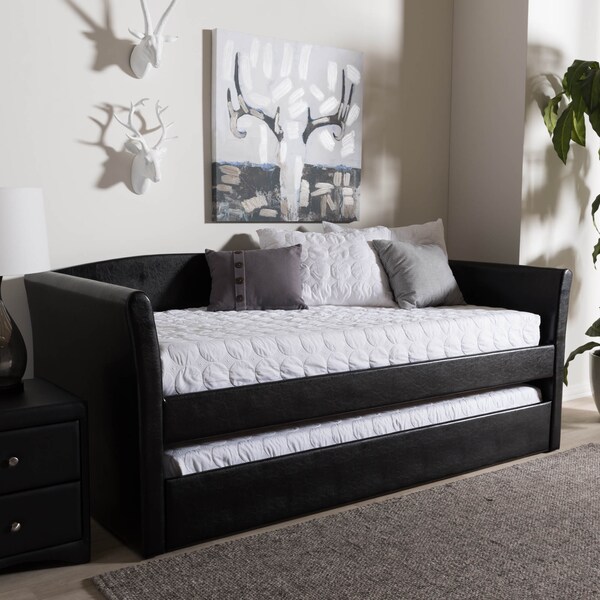 Baxton Studio Camino Black Faux Leather Upholstered Daybed with Guest Trundle Bed - 131-7306