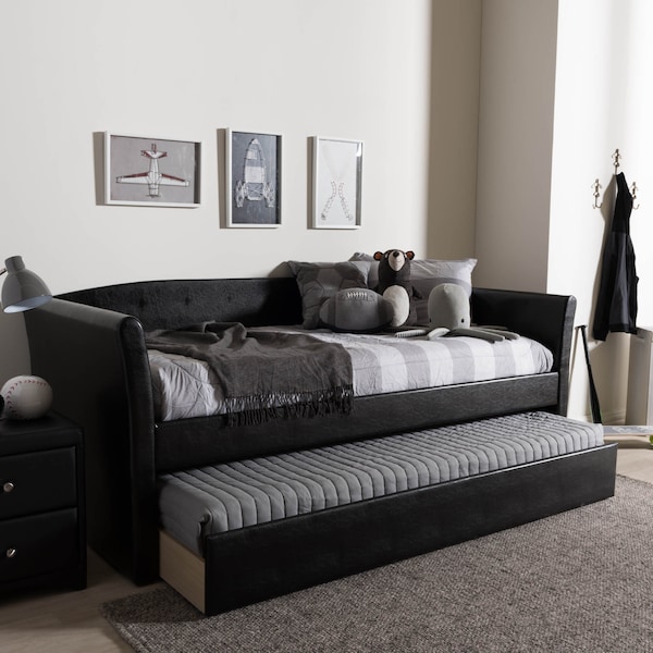 Baxton Studio Camino Black Faux Leather Upholstered Daybed with Guest Trundle Bed - 131-7306