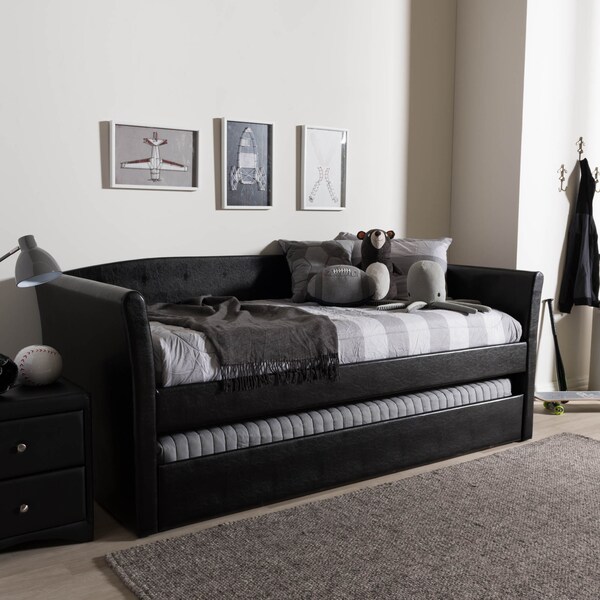 Baxton Studio Camino Black Faux Leather Upholstered Daybed with Guest Trundle Bed - 131-7306