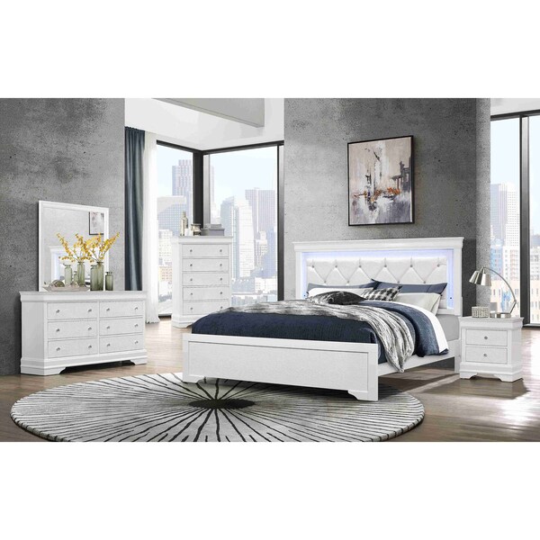 Global Furniture Usa Traditional Glam Croc Pompei Metallic White Queen Bed Group With Led - 2880