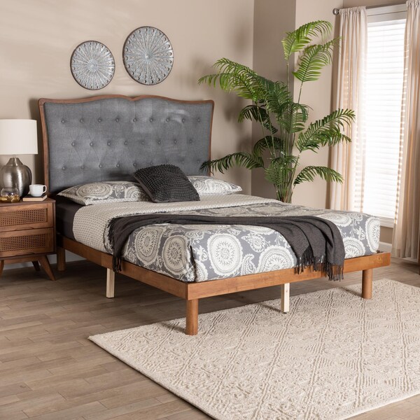 Baxton Studio Elitia Classic and Traditional Grey Fabric and Walnut Brown Finished Wood Queen Size Platform Bed - 237-12640-11888-ZORO