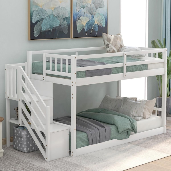 Direct Wicker Twin over Twin Floor Bunk Bed Frame, Ladder with Storage White - UBS-SM000106AAK-1