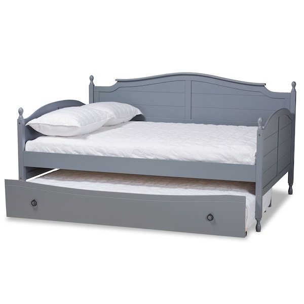 Baxton Studio Mara Cottage Farmhouse Grey Finished Wood Full Size Daybed with Roll-out Trundle Bed - 181-11170-ZORO