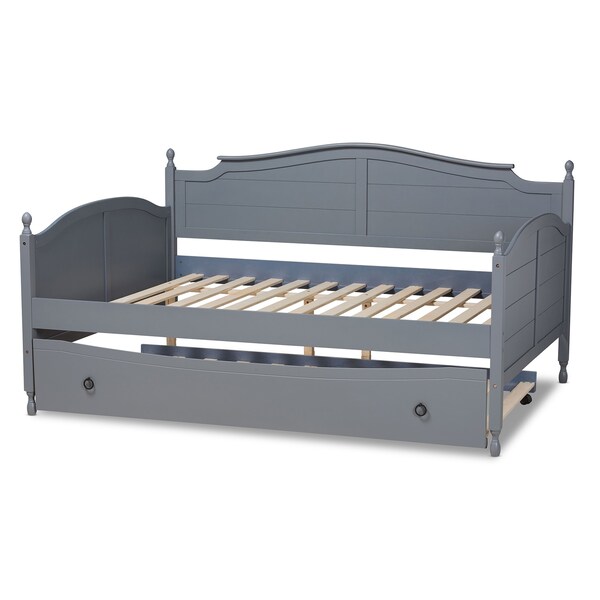 Baxton Studio Mara Cottage Farmhouse Grey Finished Wood Full Size Daybed with Roll-out Trundle Bed - 181-11170-ZORO