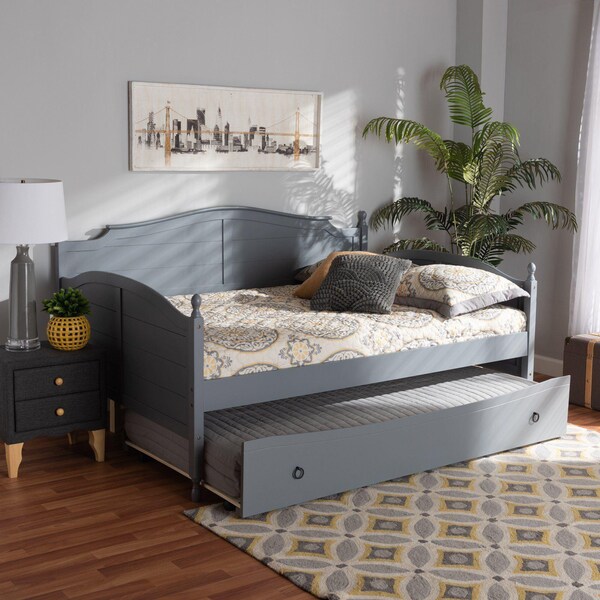 Baxton Studio Mara Cottage Farmhouse Grey Finished Wood Full Size Daybed with Roll-out Trundle Bed - 181-11170-ZORO