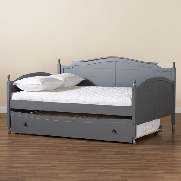 Baxton Studio Mara Cottage Farmhouse Grey Finished Wood Full Size Daybed with Roll-out Trundle Bed - 181-11170-ZORO