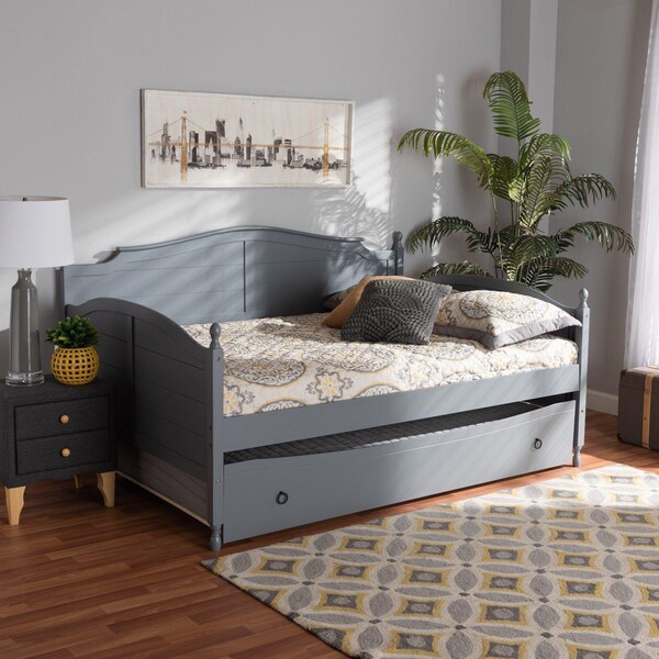 Baxton Studio Mara Cottage Farmhouse Grey Finished Wood Full Size Daybed with Roll-out Trundle Bed - 181-11170-ZORO