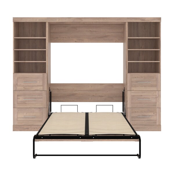 Bestar Pur Full Murphy Bed and 2 Storage Units with Drawers (109W) in rustic brown - 26894-000009