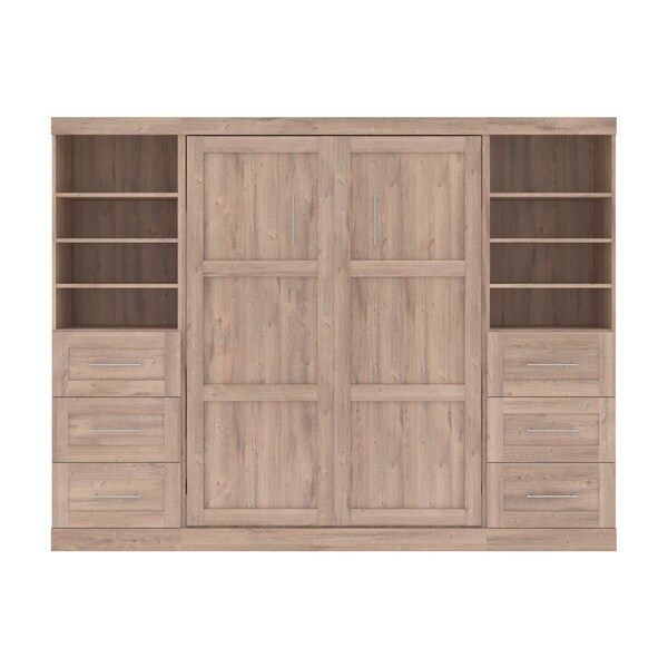 Bestar Pur Full Murphy Bed and 2 Storage Units with Drawers (109W) in rustic brown - 26894-000009