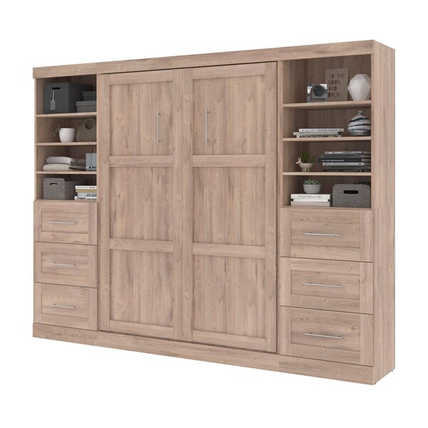 Bestar Pur Full Murphy Bed and 2 Storage Units with Drawers (109W) in rustic brown - 26894-000009