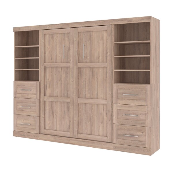 Bestar Pur Full Murphy Bed and 2 Storage Units with Drawers (109W) in rustic brown - 26894-000009