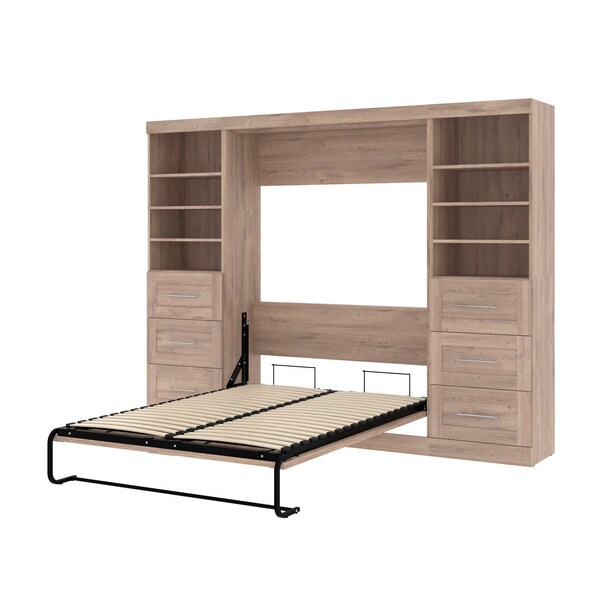Bestar Pur Full Murphy Bed and 2 Storage Units with Drawers (109W) in rustic brown - 26894-000009