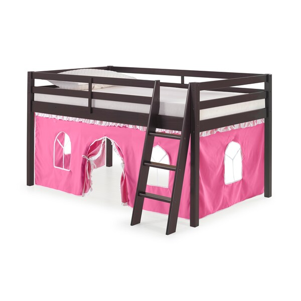Alaterre Furniture Roxy Twin Wood Junior Loft Bed with Espresso with Pink and White Bottom Tent - AJRX10P0ATPWH
