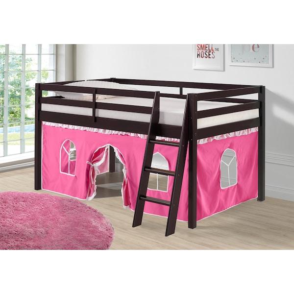 Alaterre Furniture Roxy Twin Wood Junior Loft Bed with Espresso with Pink and White Bottom Tent - AJRX10P0ATPWH