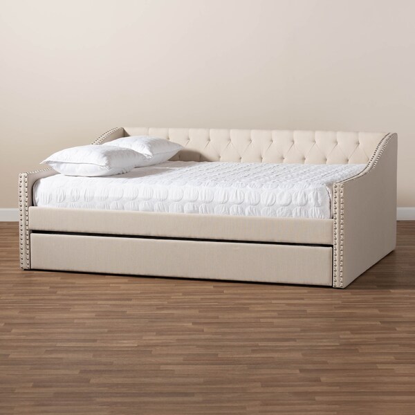 Baxton Studio Haylie Beige Full Size Daybed with Roll-Out Trundle Bed - 158-9676
