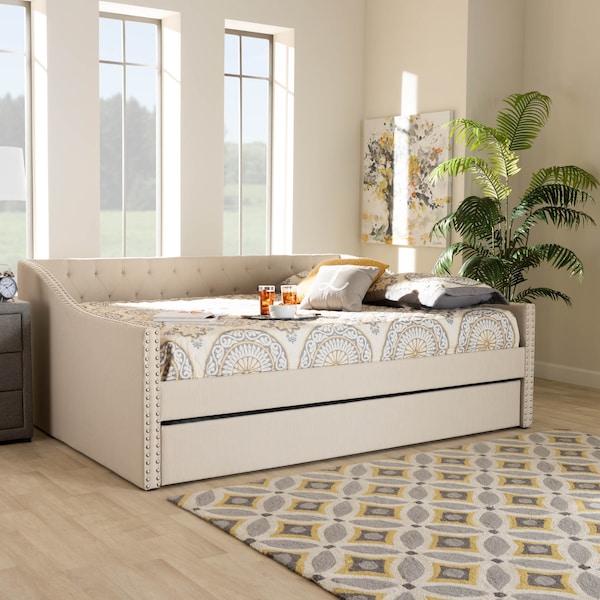 Baxton Studio Haylie Beige Full Size Daybed with Roll-Out Trundle Bed - 158-9676