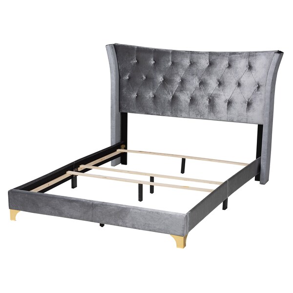 Baxton Studio Easton Contemporary Glam and Luxe Grey Velvet and Gold Metal Queen Size Panel Bed - 220-12853-ZORO