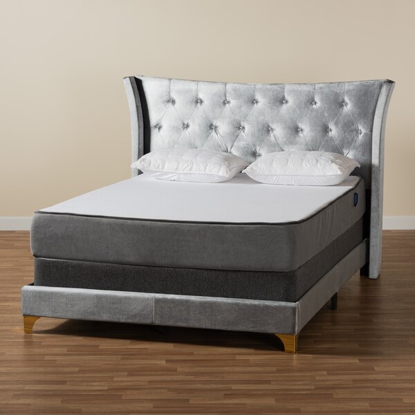 Baxton Studio Easton Contemporary Glam and Luxe Grey Velvet and Gold Metal Queen Size Panel Bed - 220-12853-ZORO