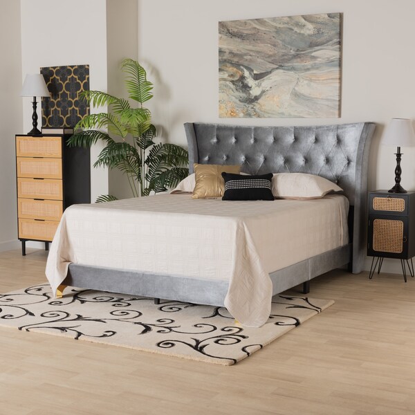Baxton Studio Easton Contemporary Glam and Luxe Grey Velvet and Gold Metal Queen Size Panel Bed - 220-12853-ZORO