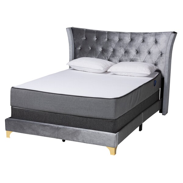 Baxton Studio Easton Contemporary Glam and Luxe Grey Velvet and Gold Metal Queen Size Panel Bed - 220-12853-ZORO