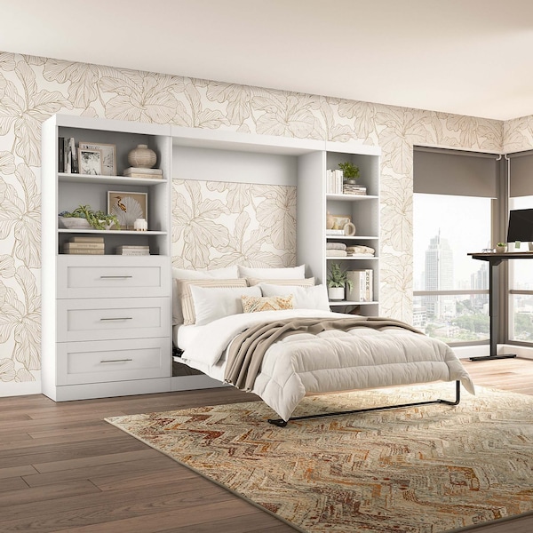 Bestar Bestar Pur Full Murphy Bed with Shelving and Drawers (120W) in White - 26892-17