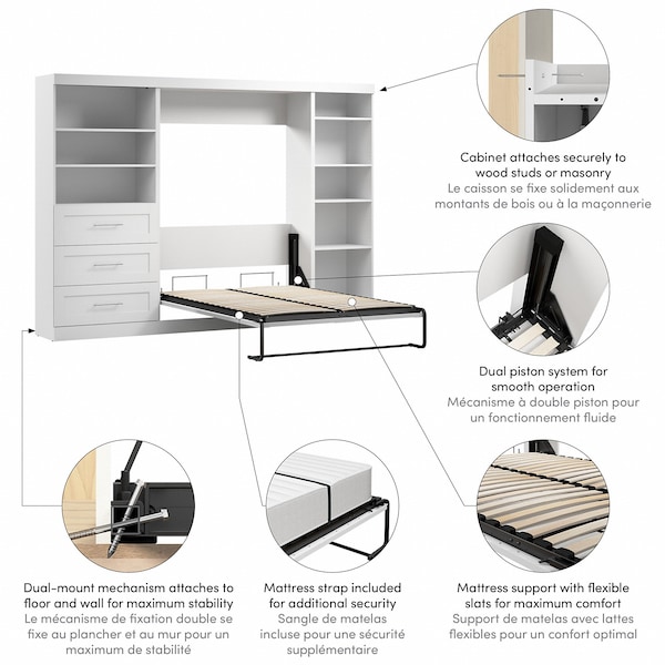 Bestar Bestar Pur Full Murphy Bed with Shelving and Drawers (120W) in White - 26892-17