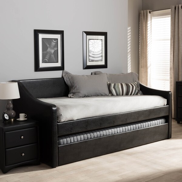 Baxton Studio Barnstorm Black Faux Leather Upholstered Daybed with Trundle Bed - 131-7302