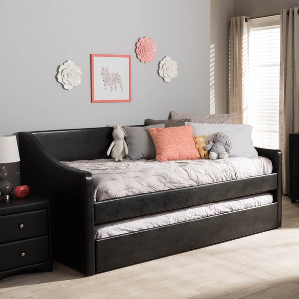 Baxton Studio Barnstorm Black Faux Leather Upholstered Daybed with Trundle Bed - 131-7302