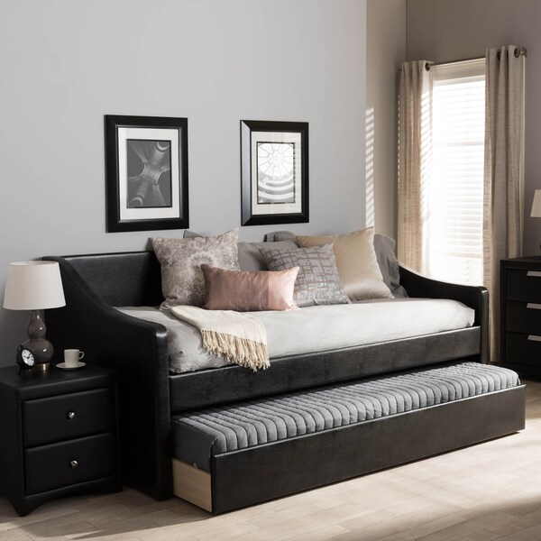 Baxton Studio Barnstorm Black Faux Leather Upholstered Daybed with Trundle Bed - 131-7302