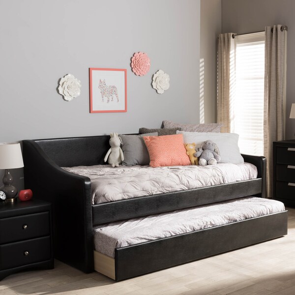 Baxton Studio Barnstorm Black Faux Leather Upholstered Daybed with Trundle Bed - 131-7302