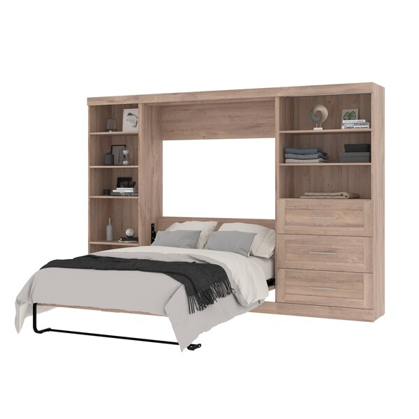 Bestar Pur Full Murphy Bed with Shelving and Drawers (120W) in rustic brown - 26892-000009
