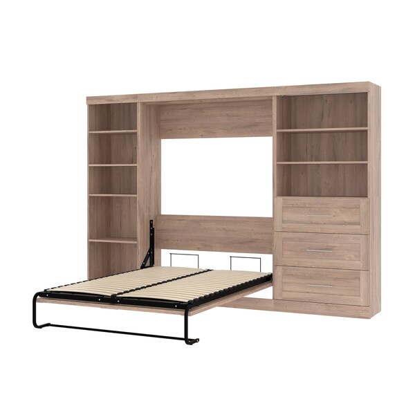 Bestar Pur Full Murphy Bed with Shelving and Drawers (120W) in rustic brown - 26892-000009