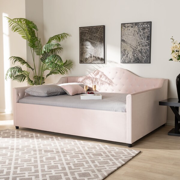 Baxton Studio Perry Pink Velvet Upholstered and Button Tufted Queen Size Daybed - 156-9449