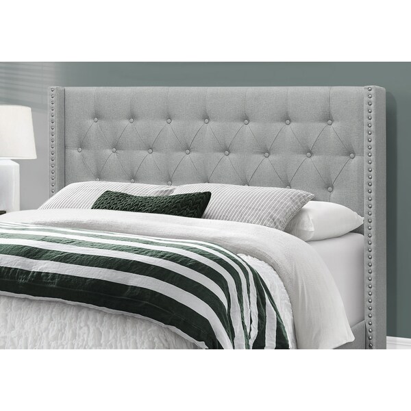 Monarch Specialties Bed, Queen Size, Platform, Bedroom, Frame, Upholstered, Linen Look, Wood Legs, Grey, Chrome - I 5984Q