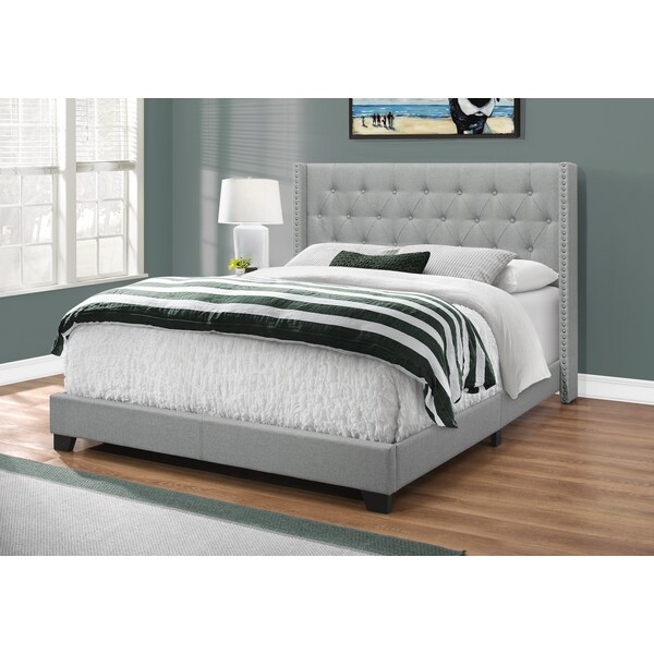 Monarch Specialties Bed, Queen Size, Platform, Bedroom, Frame, Upholstered, Linen Look, Wood Legs, Grey, Chrome - I 5984Q