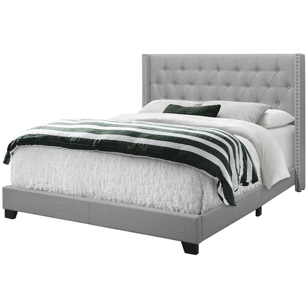 Monarch Specialties Bed, Queen Size, Platform, Bedroom, Frame, Upholstered, Linen Look, Wood Legs, Grey, Chrome - I 5984Q