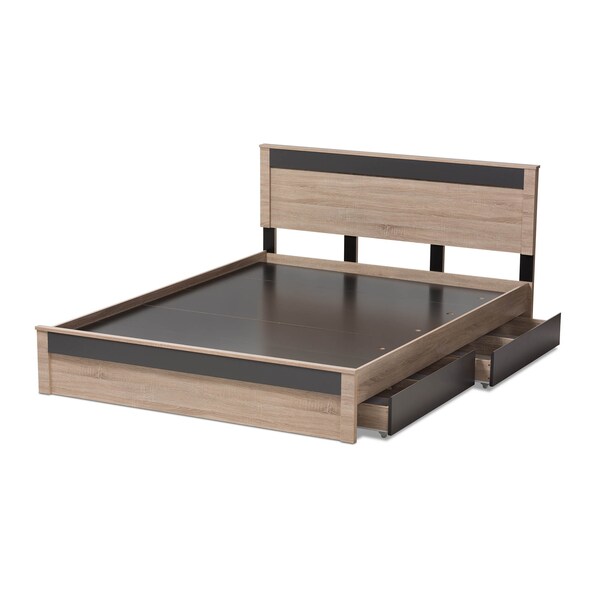 Baxton Studio Jamie Oak and Grey Wood Queen 2-Drawer Queen Size Storage Platform Bed - 138-7709-8041