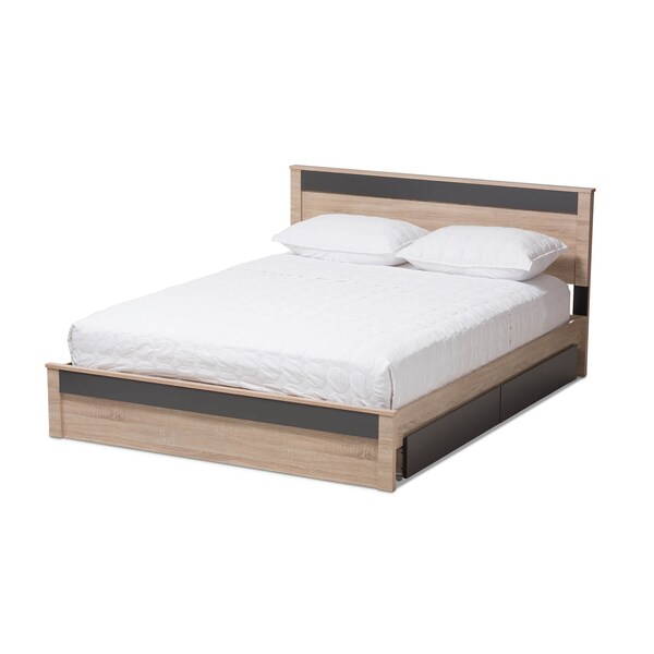 Baxton Studio Jamie Oak and Grey Wood Queen 2-Drawer Queen Size Storage Platform Bed - 138-7709-8041