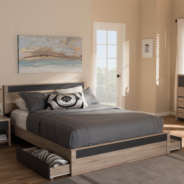 Baxton Studio Jamie Oak and Grey Wood Queen 2-Drawer Queen Size Storage Platform Bed - 138-7709-8041