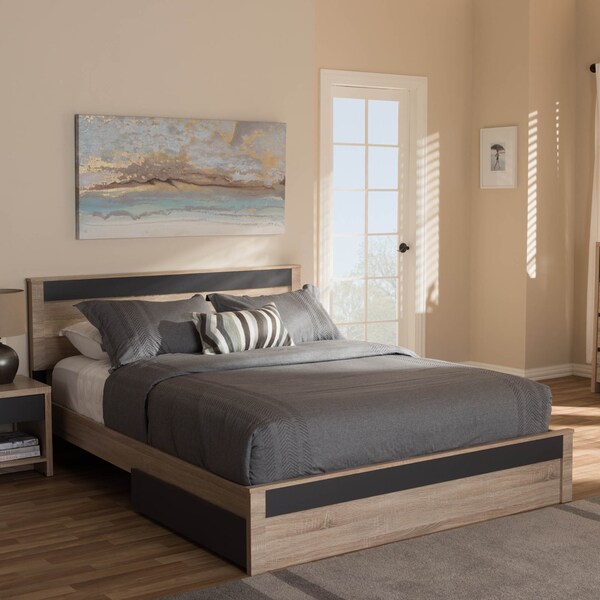 Baxton Studio Jamie Oak and Grey Wood Queen 2-Drawer Queen Size Storage Platform Bed - 138-7709-8041