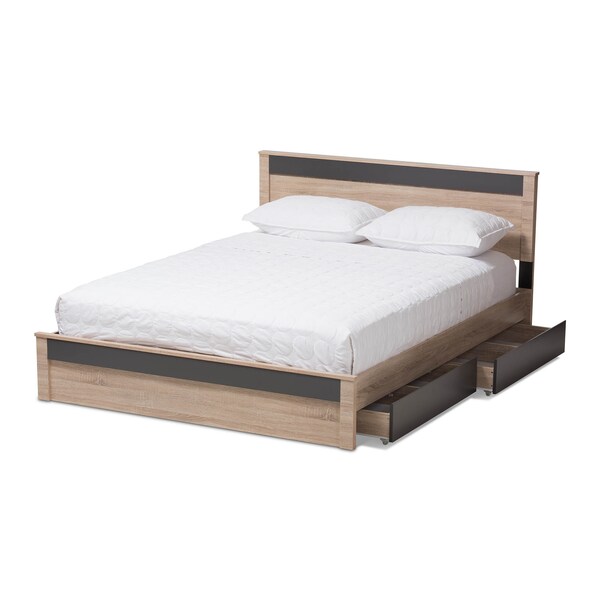 Baxton Studio Jamie Oak and Grey Wood Queen 2-Drawer Queen Size Storage Platform Bed - 138-7709-8041