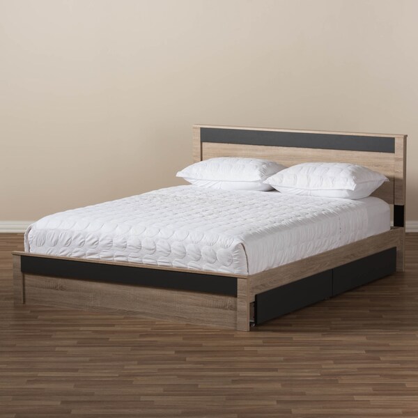 Baxton Studio Jamie Oak and Grey Wood Queen 2-Drawer Queen Size Storage Platform Bed - 138-7709-8041