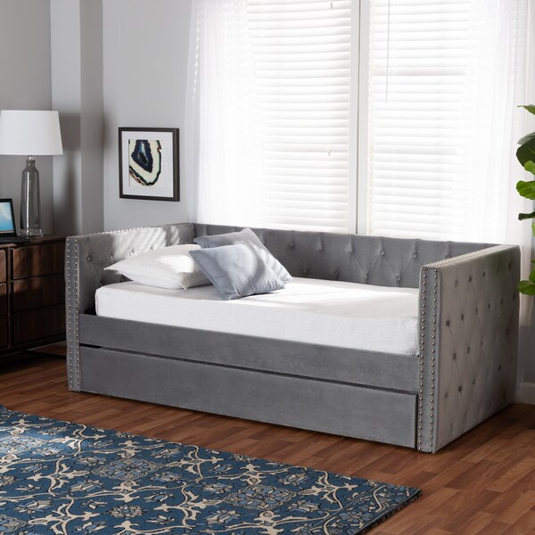 Baxton Studio Larkin Modern and Contemporary Grey Velvet Fabric Twin Size Daybed with Trundle - 187-11460-ZORO
