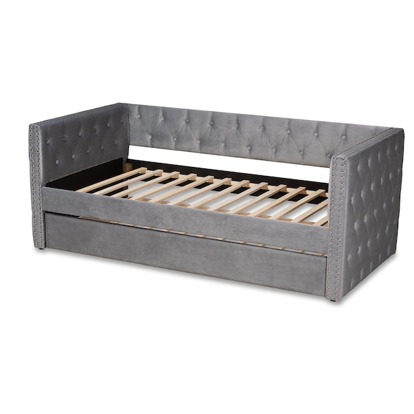 Baxton Studio Larkin Modern and Contemporary Grey Velvet Fabric Twin Size Daybed with Trundle - 187-11460-ZORO