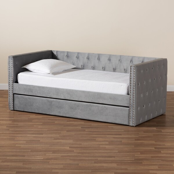 Baxton Studio Larkin Modern and Contemporary Grey Velvet Fabric Twin Size Daybed with Trundle - 187-11460-ZORO